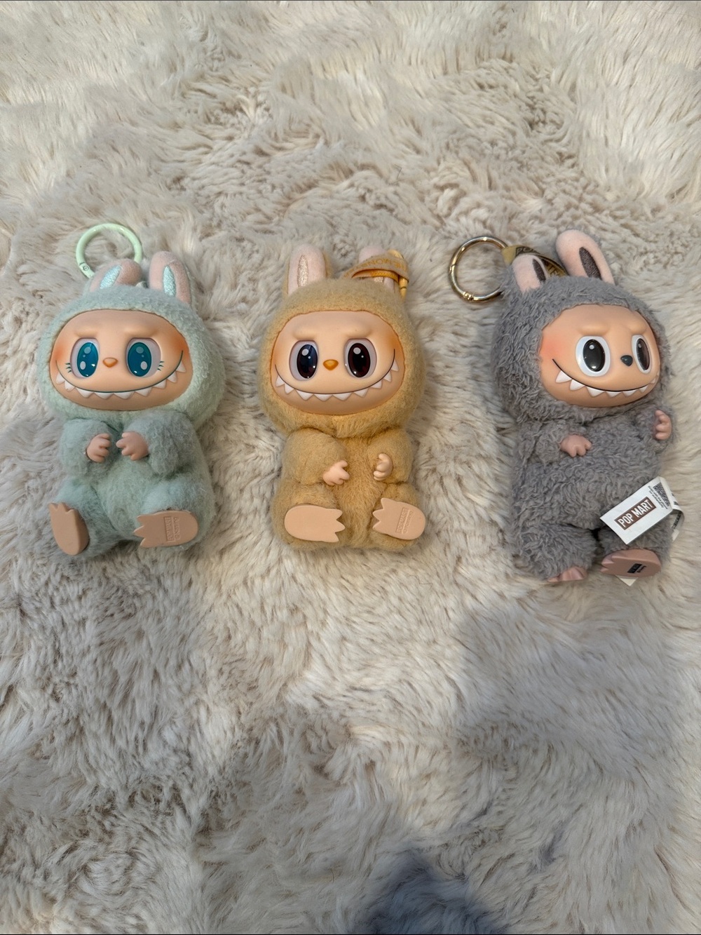 Labubu Cute Plush Bunny Keychain Trio - Mint, Mustard, Gray